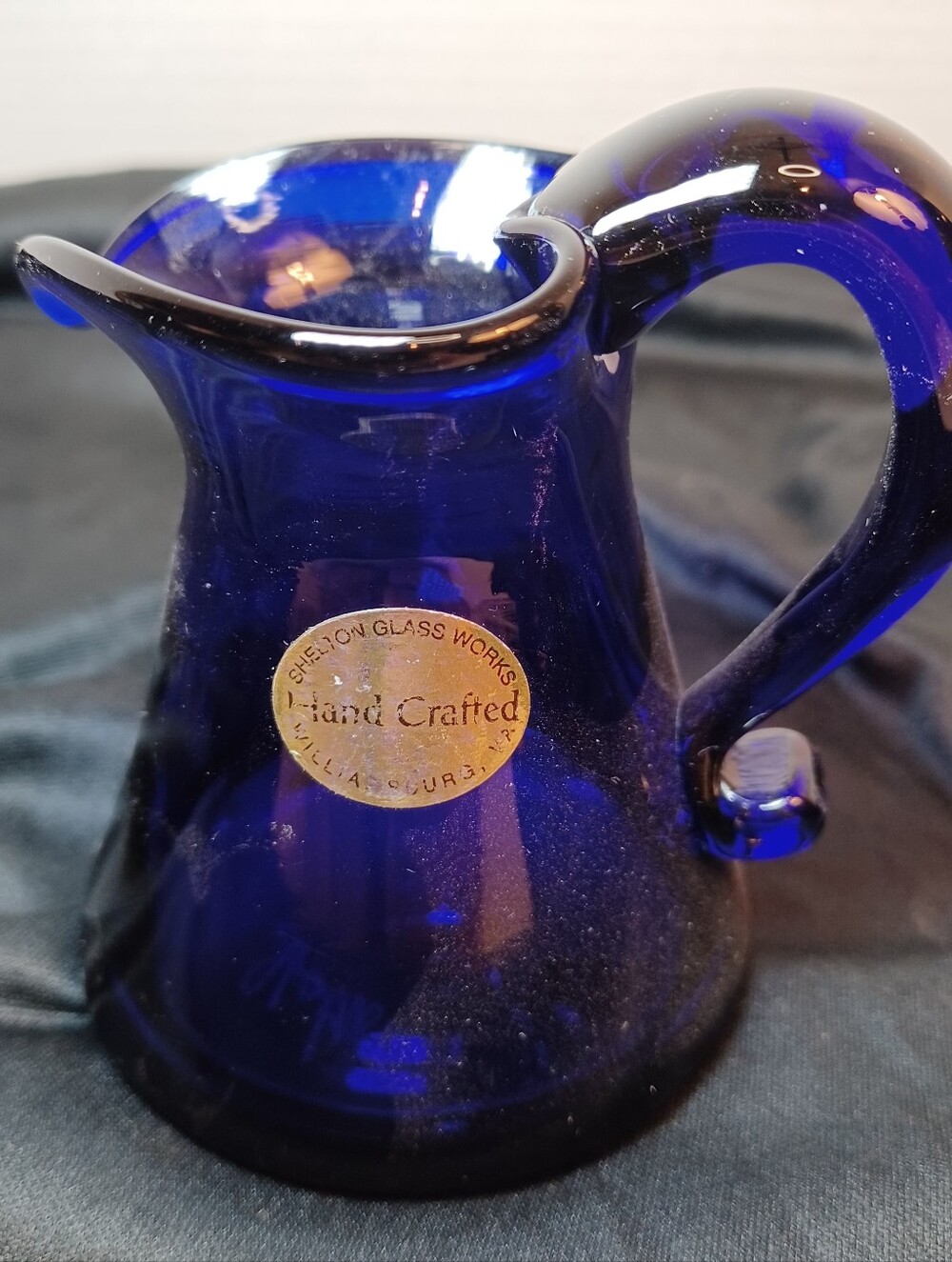 Vintage Hand Crafted Cobalt Blue Glass Pitcher by J.W. Shelton, Artist Signed .